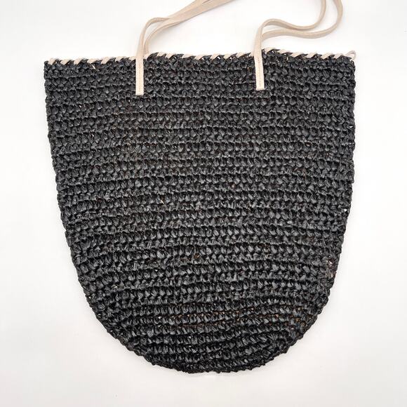 ANTHROPOLOGIE Straw Shoulder Bag Black White Tote Slouchy Casual Travel Light - Picture 5 of 13